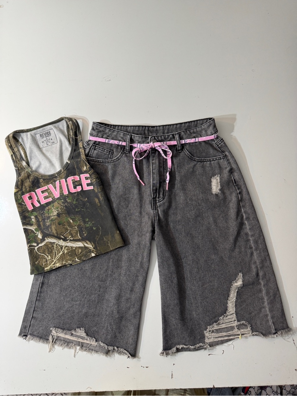REVOLVE - Charcoal Distressed Jorts & Tank